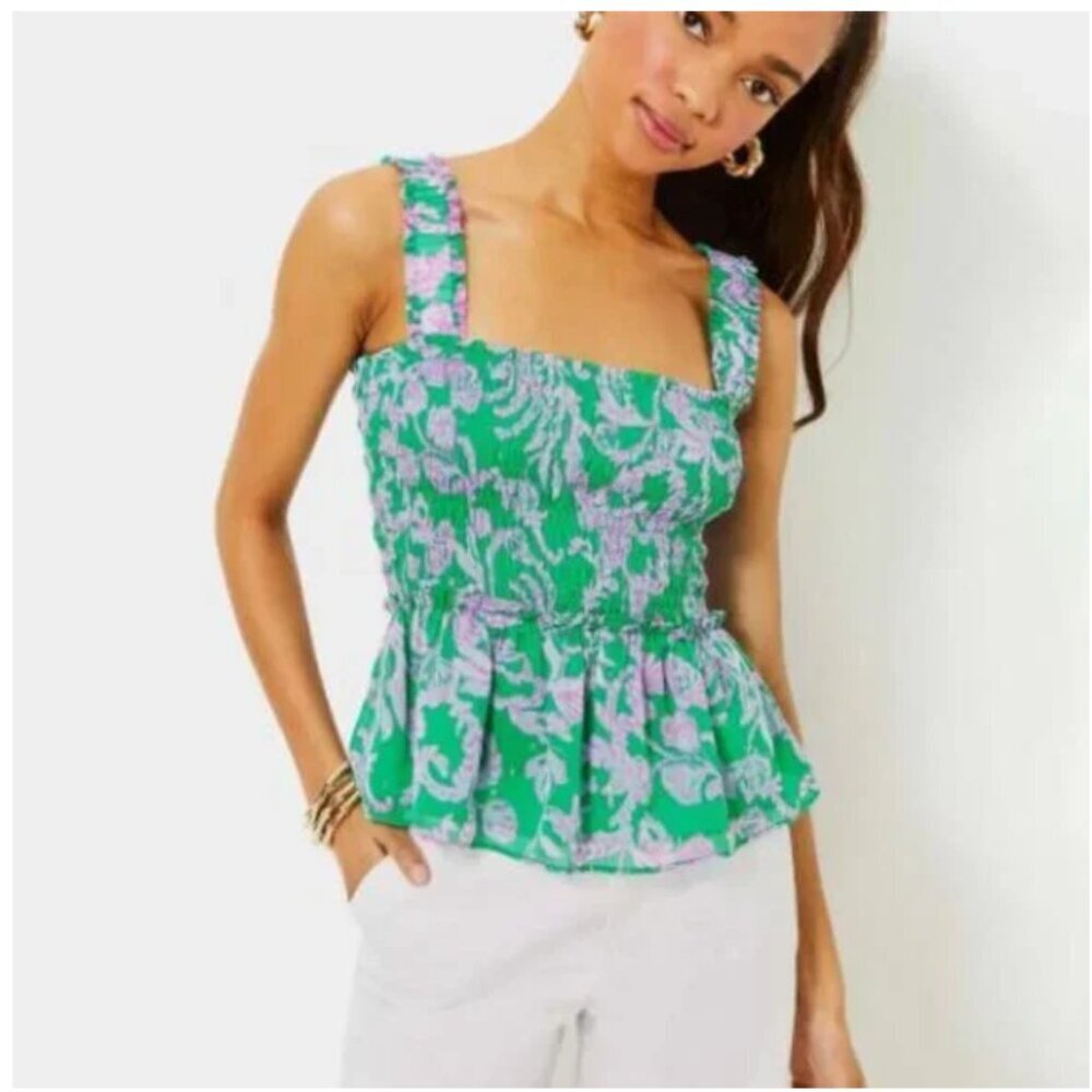 Lilly Pulitzer Hadly Smocked Top‎ Medium Brazilian Green Salty Sandbar NWT